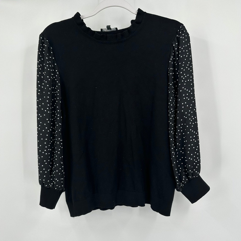 Adrianna Papell Women Dark Romance Sweater Size L Polka Dot Ruffle Neck Feminine